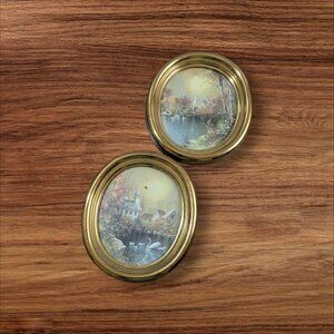 Vintage Homco Oval Gold Wall Plaques Scenic Cottage & Swan Lake Art Set Of 2